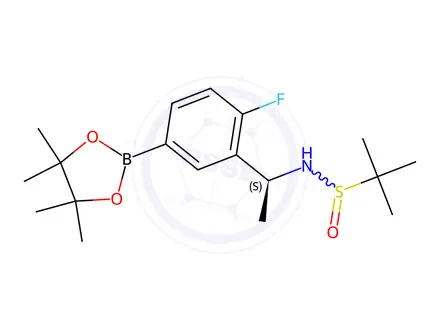 Chemical structure of N-((S)-1-(2-Fluoro-5-(4,4,5,5-tetramethyl-1,3,2-dioxaborolan-2-yl)phenyl)ethyl)-2-methylpropane-2-sulfinamide