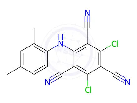 Chemical structure of 2,4-Dichloro-6-[(2,4-dimethylphenyl)amino]-1,3,5-benzenetricarbonitrile