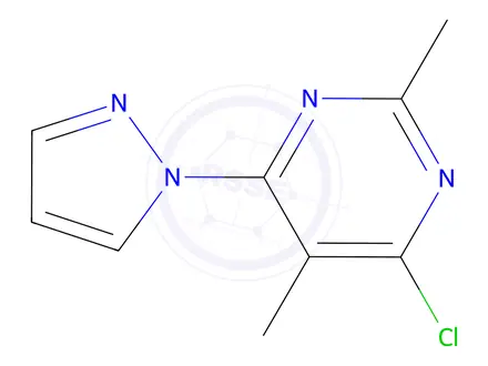Chemical structure of 4-chloro-2,5-dimethyl-6-(1H-pyrazol-1-yl)pyrimidine