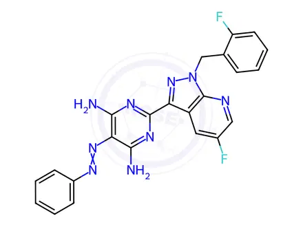 Chemical structure of 2-[5-fluoro-1-(2-fluorobenzyl)-1H-pyrazolo[3,4-b]pyridin-3-yl]-5-[(E)-phenyldiazenyl]pyrimidine-4,6-diamine
