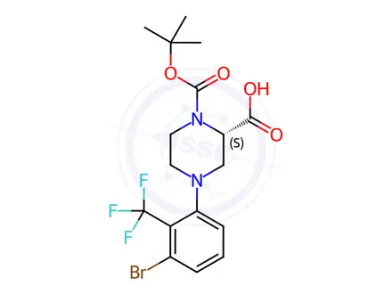 Chemical structure of (S)-4-(3-Bromo-2-(trifluoromethyl)phenyl)-1-(tert-butoxycarbonyl)piperazine-2-carboxylic acid