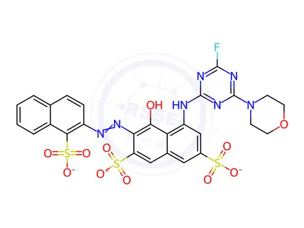 Chemical structure of 2,7-Naphthalenedisulfonic acid, 5-4-fluoro-6-(4-morpholinyl)-1,3,5-triazin-2-ylamino-4-hydroxy-3-(1-sulfo-2-naphthalenyl)azo-, potassium sodium salt