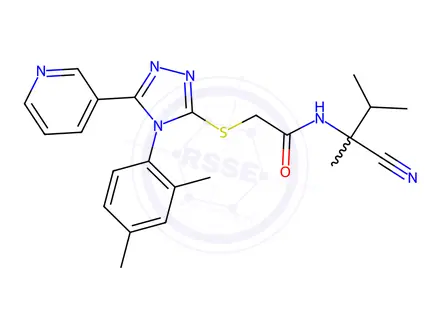 Chemical structure of N-(2-Cyano-3-methylbutan-2-yl)-2-((4-(2,4-dimethylphenyl)-5-(pyridin-3-yl)-4H-1,2,4-triazol-3-yl)thio)acetamide