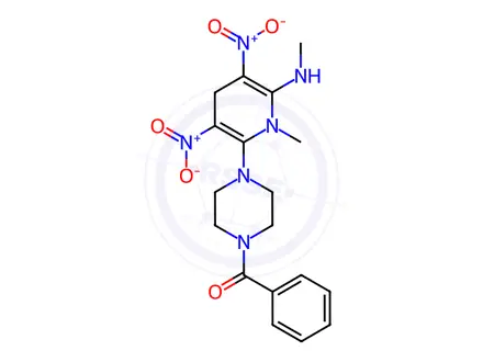 Chemical structure of (4-(1-Methyl-6-(methylamino)-3,5-dinitro-1,4-dihydropyridin-2-yl)piperazin-1-yl)(phenyl)methanone