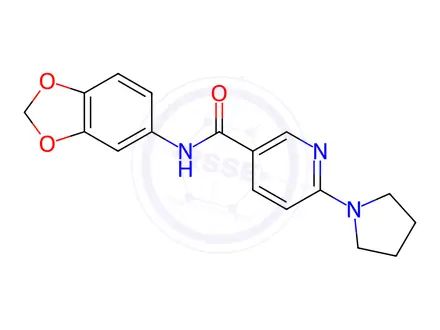 Chemical structure of N-(Benzo[d][1,3]dioxol-5-yl)-6-(pyrrolidin-1-yl)nicotinamide