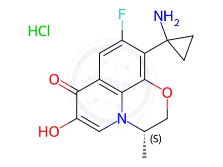 Chemical structure of (S)-10-(1-aminocyclopropyl)-9-fluoro-6-hydroxy-3-methyl-2H-[1,4] oxazino[2,3,4-ij]quinolin-7(3H)-one hydrochloride