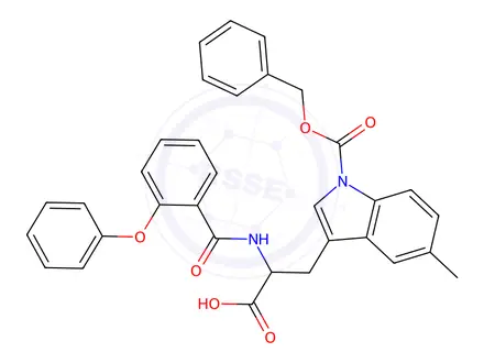 Chemical structure of (S)-3-(1-((Benzyloxy)carbonyl)-5-methyl-1H-indol-3-yl)-2-(2-phenoxybenzamido)propanoic acid
