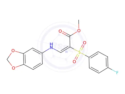 Chemical structure of Methyl (2E)-3-[(2H-1,3-benzodioxol-5-yl)amino]-2-(4-fluorobenzenesulfonyl)prop-2-enoate