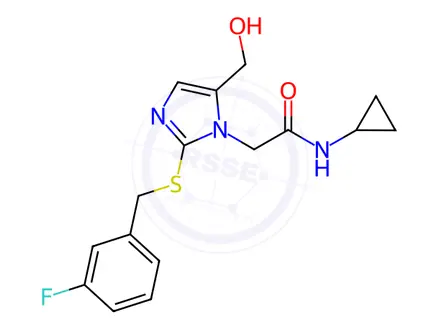 Chemical structure of N-Cyclopropyl-2-(2-((3-fluorobenzyl)thio)-5-(hydroxymethyl)-1H-imidazol-1-yl)acetamide