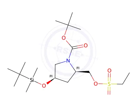 Chemical structure of tert-butyl (2R,4R)-4-[tert-butyl(dimethyl)silyl]oxy-2-(ethylsulfonyloxymethyl)pyrrolidine-1-carboxylate