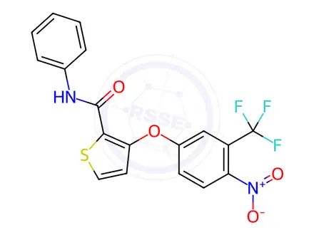 Chemical structure of 3-[4-Nitro-3-(trifluoromethyl)phenoxy]-N-phenylthiophene-2-carboxamide