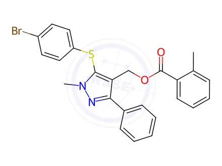 Chemical structure of (5-((4-Bromophenyl)thio)-1-methyl-3-phenyl-1H-pyrazol-4-yl)methyl 2-methylbenzoate