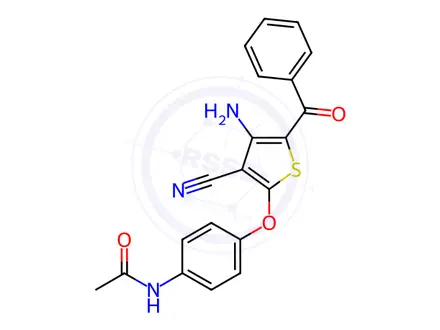 Chemical structure of N-{4-[(4-amino-5-benzoyl-3-cyanothiophen-2-yl)oxy]phenyl}acetamide