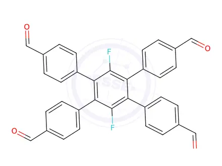 Chemical structure of 3',6'-difluoro-4',5'-bis(4-formylphenyl)-[1,1':2',1''-terphenyl]-4,4''-dicarbaldehyde