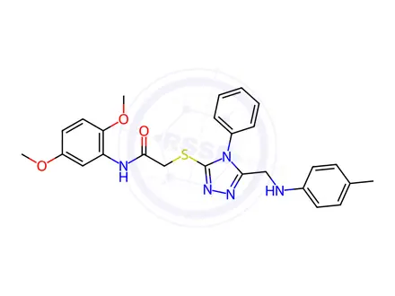 Chemical structure of N-(2,5-Dimethoxyphenyl)-2-((4-phenyl-5-((p-tolylamino)methyl)-4H-1,2,4-triazol-3-yl)thio)acetamide