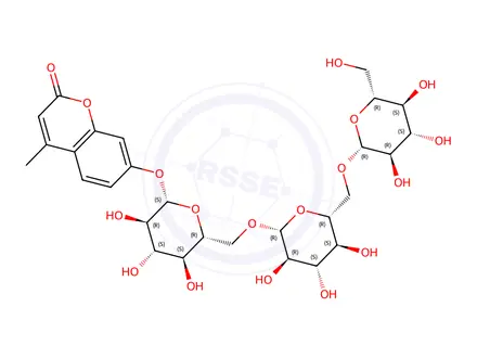 Chemical structure of 4-Methylumbelliferyl -Î²-D-Gentotrioside