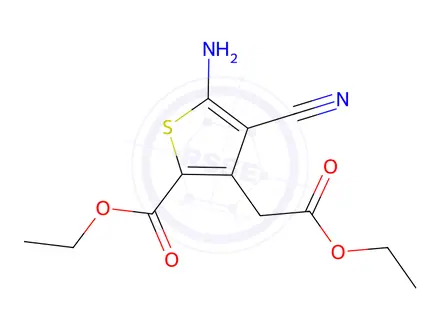 Chemical structure of Ethyl 5-amino-4-cyano-3-(2-ethoxy-2-oxoethyl)thiophene-2-carboxylate