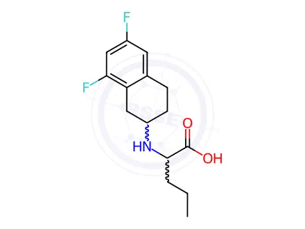 Chemical structure of L-Norvaline, N-[(2R)-6,8-difluoro-1,2,3,4-tetrahydro-2-naphthalenyl]-