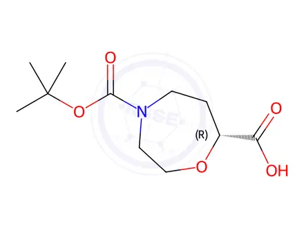 Chemical structure of 1,4-Oxazepine-4,7(5H)-dicarboxylic acid, tetrahydro-, 4-(1,1-dimethylethyl) ester, (7R)-