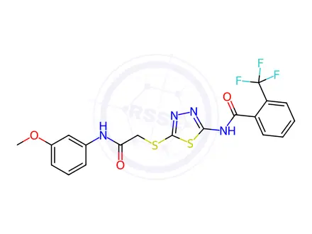 Chemical structure of N-[5-[2-(3-methoxyanilino)-2-oxoethyl]sulfanyl-1,3,4-thiadiazol-2-yl]-2-(trifluoromethyl)benzamide