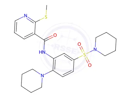 Chemical structure of 2-(Methylthio)-N-(2-(piperidin-1-yl)-5-(piperidin-1-ylsulfonyl)phenyl)nicotinamide