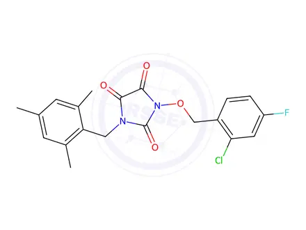 Chemical structure of 1-[(2-Chloro-4-fluorophenyl)methoxy]-3-[(2,4,6-trimethylphenyl)methyl]imidazolidine-2,4,5-trione
