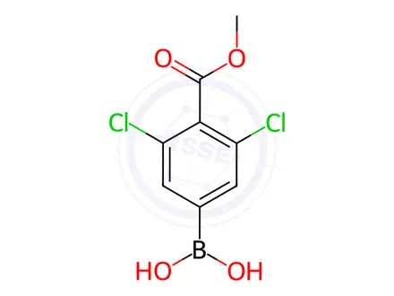 Chemical structure of Benzoic acid, 4-borono-2,6-dichloro-, 1-methyl ester