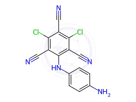 Chemical structure of 2-[(4-Aminophenyl)amino]-4,6-dichloro-1,3,5-benzenetricarbonitrile