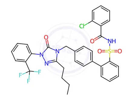 Chemical structure of N-[[4'-[[3-Butyl-1,5-dihydro-5-oxo-1-[2-(trifluoromethyl)phenyl]-4H-1,2,4-triazol-4-yl]methyl][1,1'-biphenyl]-2-yl]sulfonyl]-2-chlorobenzamide