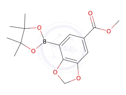 Chemical structure of Methyl 7-(4,4,5,5-tetramethyl-1,3,2-dioxaborolan-2-yl)benzo[d][1,3]dioxole-5-carboxylate