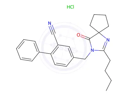 Chemical structure of 4-(2-butyl-4-oxo-1,3-diazaspiro(4,4)non-1-en-3-yl)methylbiphenyl-2-carbonitrile hydrochloride