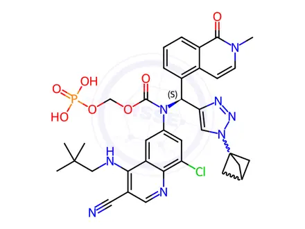 Chemical structure of Carbamic acid, N-[(S)-(1-bicyclo[1.1.1]pent-1-yl-1H-1,2,3-triazol-4-yl)(1,2-dihydro-2-methyl-1-oxo-5-isoquinolinyl)methyl]-N-[8-chloro-3-cyano-4-[(2,2-dimethylpropyl)amino]-6-quinolinyl]-, (phosphonooxy)methyl ester