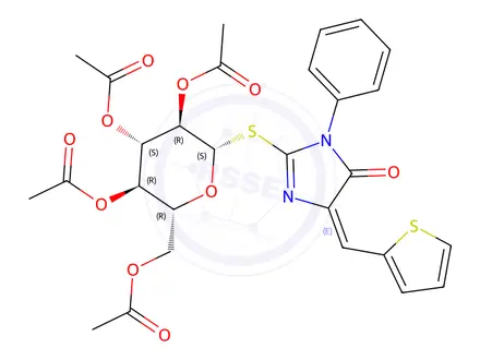 Chemical structure of 3-phenyl-5-(2-thienylmethylene)-2-(2,3,4,6-tetra-O-acetylglucopyranosyl)-2-thiohydantoin