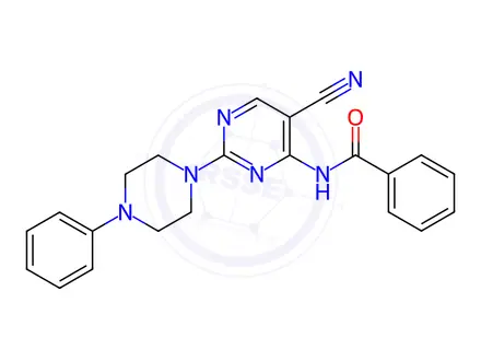 Chemical structure of N-(5-Cyano-2-(4-phenylpiperazin-1-yl)pyrimidin-4-yl)benzamide