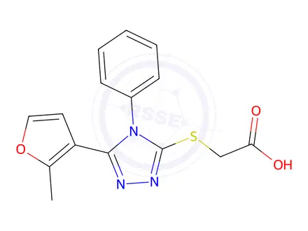 Chemical structure of {[5-(2-methyl-3-furyl)-4-phenyl-4H-1,2,4-triazol-3-yl]thio}acetic acid