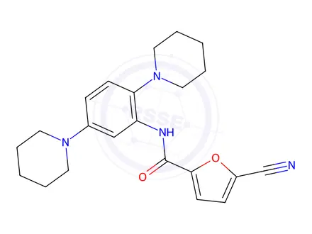 Chemical structure of 5-Cyano-N-(2,5-di(piperidin-1-yl)phenyl)furan-2-carboxamide