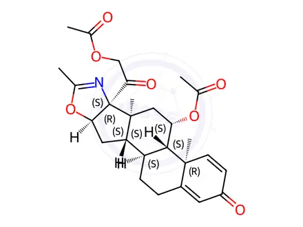 Chemical structure of (11b,16b)-11,21-bis(acetyloxy)-2'-methyl-5'H-pregna-1,4-dieno[17,16-d]oxazole-3,20-dione(Deflazacort Impurity)