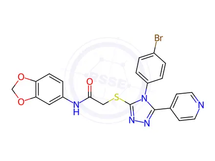 Chemical structure of N-(Benzo[d][1,3]dioxol-5-yl)-2-((4-(4-bromophenyl)-5-(pyridin-4-yl)-4H-1,2,4-triazol-3-yl)thio)acetamide