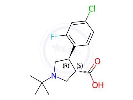 Chemical structure of (3S,4R)-1-(tert-butyl)-4-(4-chloro-2-fluorophenyl)pyrrolidine-3-carboxylic acid