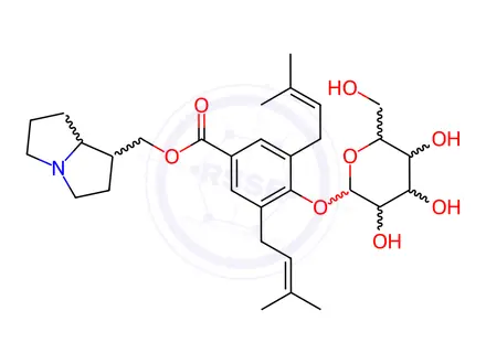 Chemical structure of 4-(β-D-Glucopyranosyloxy)-3,5-bis(3-methyl-2-butenyl)benzoic acid [(4S,5β)-1-azabicyclo[3.3.0]octan-4-yl]methyl ester