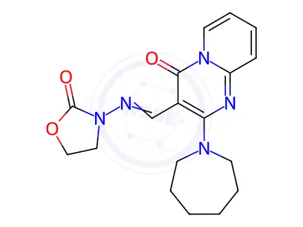 Chemical structure of 2-(Hexahydro-1H-azepin-1-yl)-3-[(2-oxooxazolidin-3-yl)iminomethyl]-4H-pyrido[1,2-a]pyrimidin-4-one