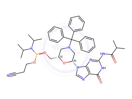 Chemical structure of N-Trityl-N2-isobutyryl-morpholino-G-5'-O-phosphoramidite