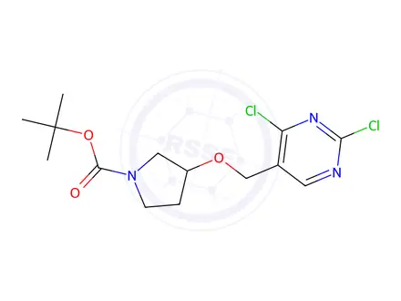Chemical structure of tert-butyl 3-((2,4-dichloropyrimidin-5-yl)methoxy)pyrrolidine-1-carboxylate