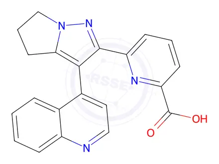 Chemical structure of 6-(3-(Quinolin-4-yl)-5,6-dihydro-4H-pyrrolo[1,2-b]pyrazol-2-yl)picolinic acid