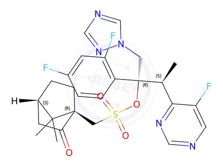 Chemical structure of (2R,3S)-2-(2,4-difluorophenyl)-3-(5-fluoropyrimidin-4-yl)-1-(1H-1,2,4-triazol-1-yl)butan-2-yl ((1R,4S)-7,7-dimethyl-2-oxobicyclo[2.2.1]heptan-1-yl)methanesulfonate