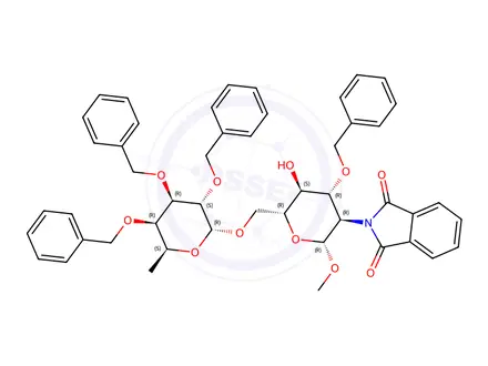 Chemical structure of Methyl 3-O-Benzyl-6-O-(2,3,4-tri-O-benzyl-α-L-fucopyranosyl)-2-deoxy-2-N-phthalimido-β-D-glucopyranoside
