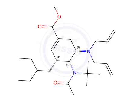 Chemical structure of Methyl (3R,4R,5R)-4-(N-(tert-butyl)acetamido)-5-(diallylamino)-3-(2-ethylbutyl)cyclohex-1-ene-1-carboxylate