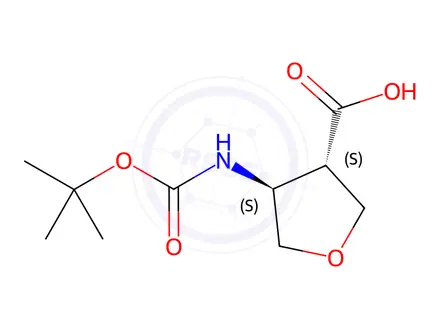 Chemical structure of (3S,4S)-4-((tert-butoxycarbonyl)amino)tetrahydrofuran-3-carboxylic acid