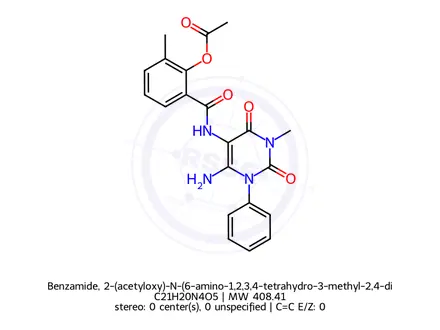 Chemical structure of Benzamide, 2-(acetyloxy)-N-(6-amino-1,2,3,4-tetrahydro-3-methyl-2,4-dioxo-1-phenyl-5-pyrimidinyl)-3-methyl-