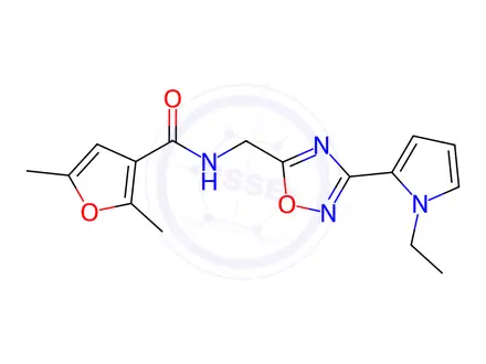 Chemical structure of N-((3-(1-Ethyl-1H-pyrrol-2-yl)-1,2,4-oxadiazol-5-yl)methyl)-2,5-dimethylfuran-3-carboxamide